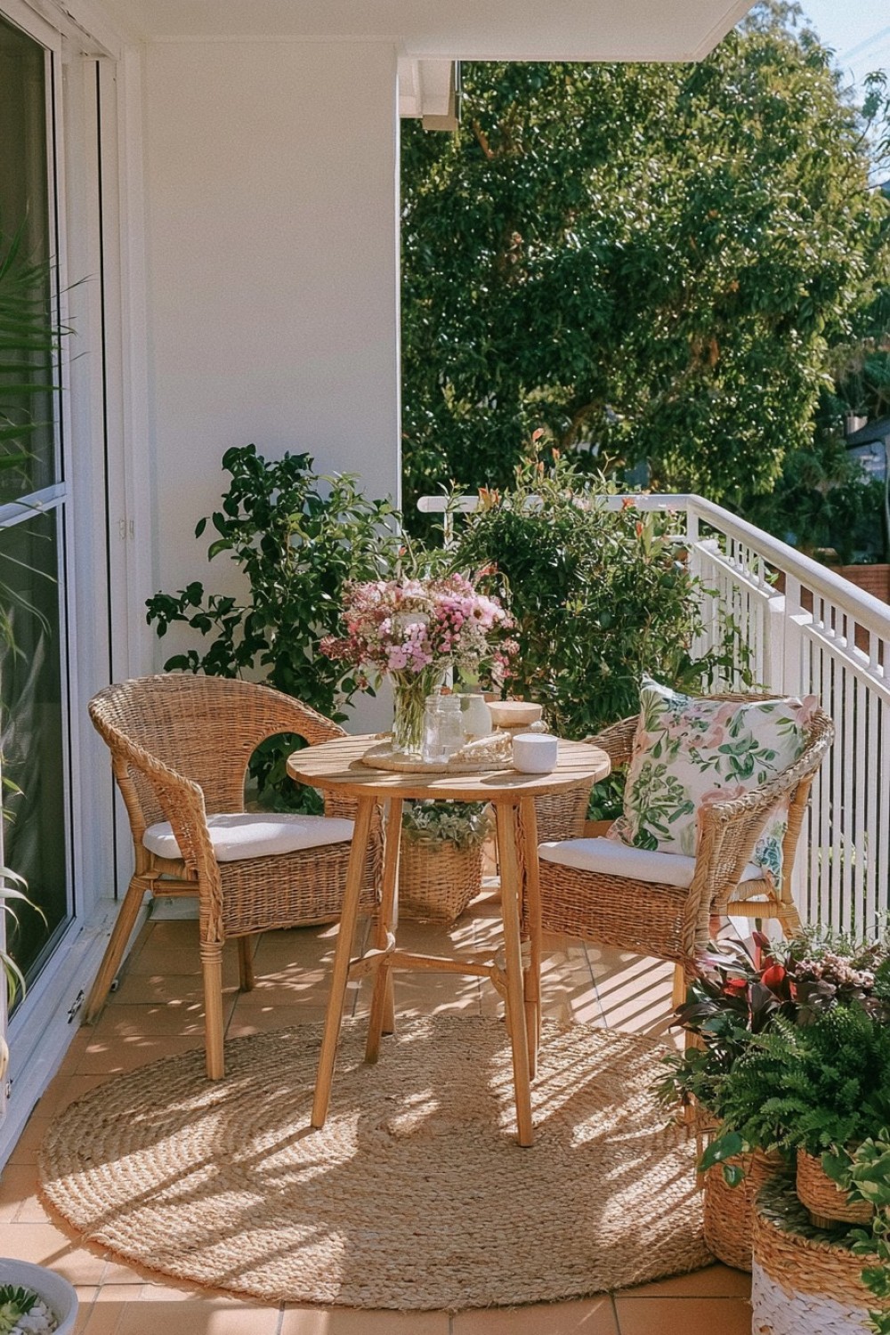 Long apartment balcony divided into seating and planting zones