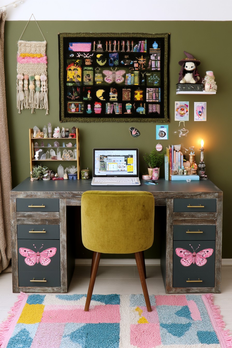 Painted butterfly drawer fronts with brass handles