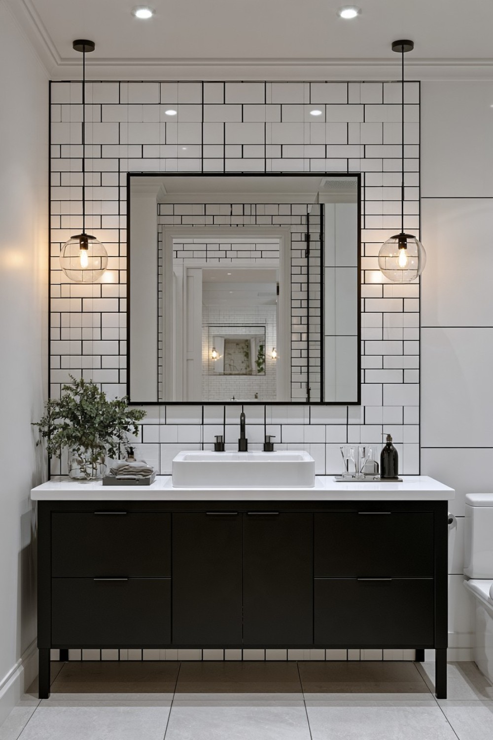 White subway bathroom tile finished with contrasting black grout
