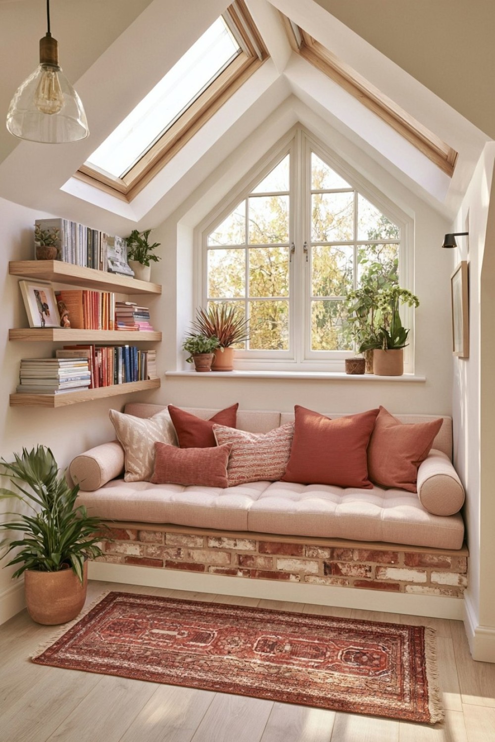 Attic landing furnished as a compact transitional reading corner