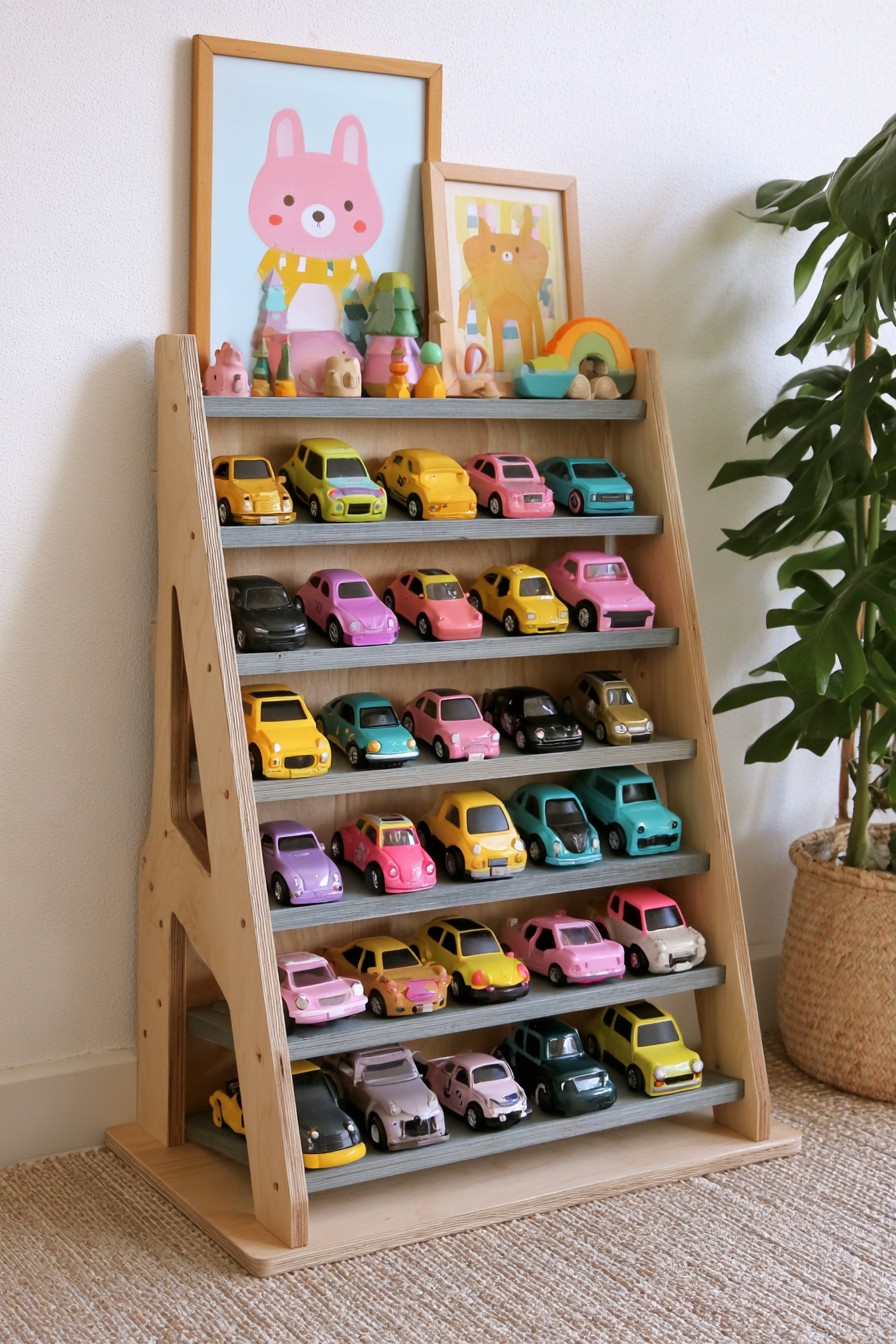Tiered wooden display rack with narrow shelves for toy cars