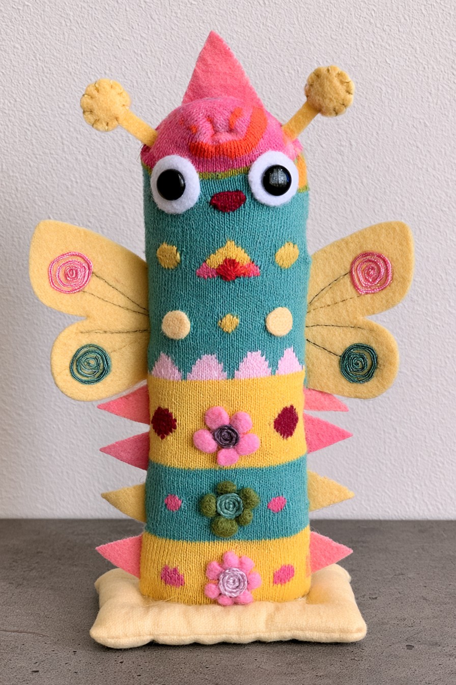 Striped butterfly character with yellow wings, spiral motifs, rounded antenna tips and a pink crest