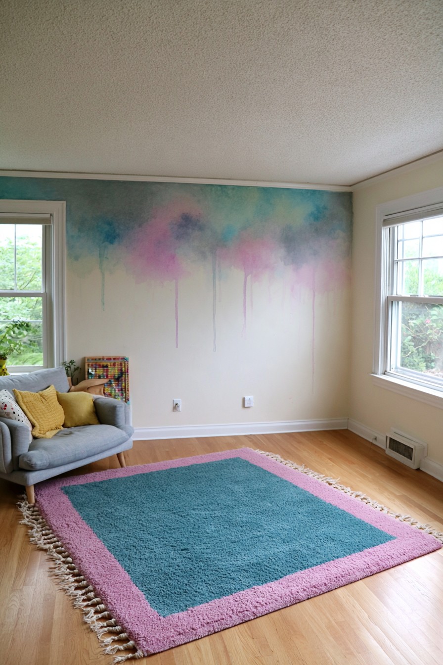 Teal blue lavender and pink watercolor drip wall painting