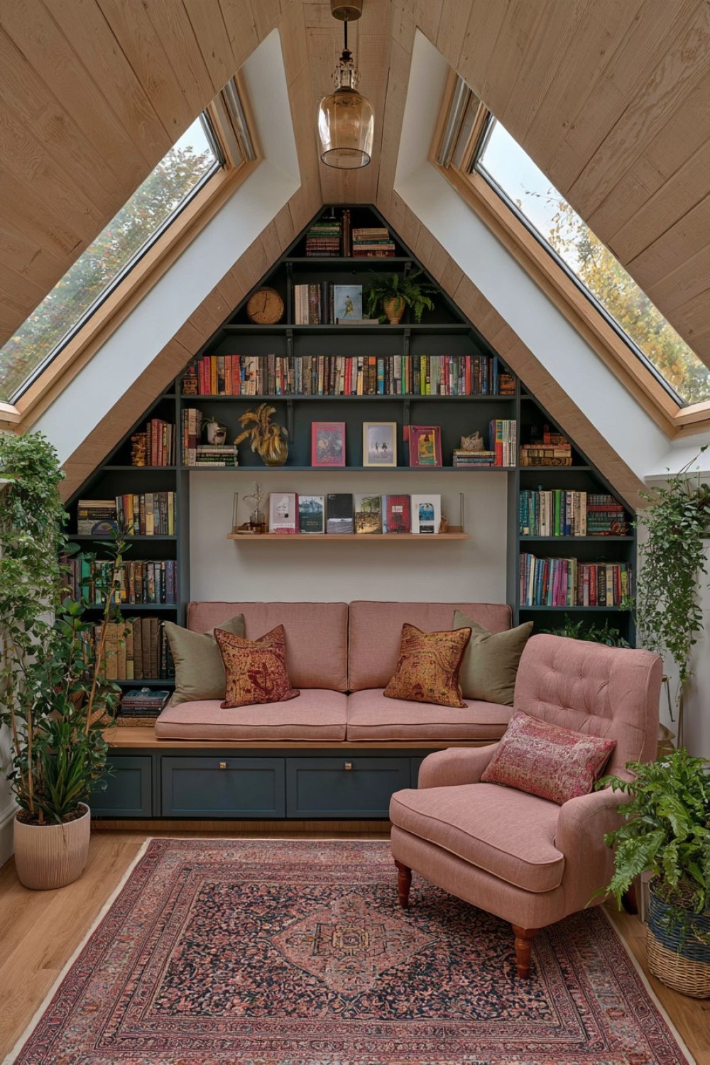 Attic reading nook combined with rotating home library storage