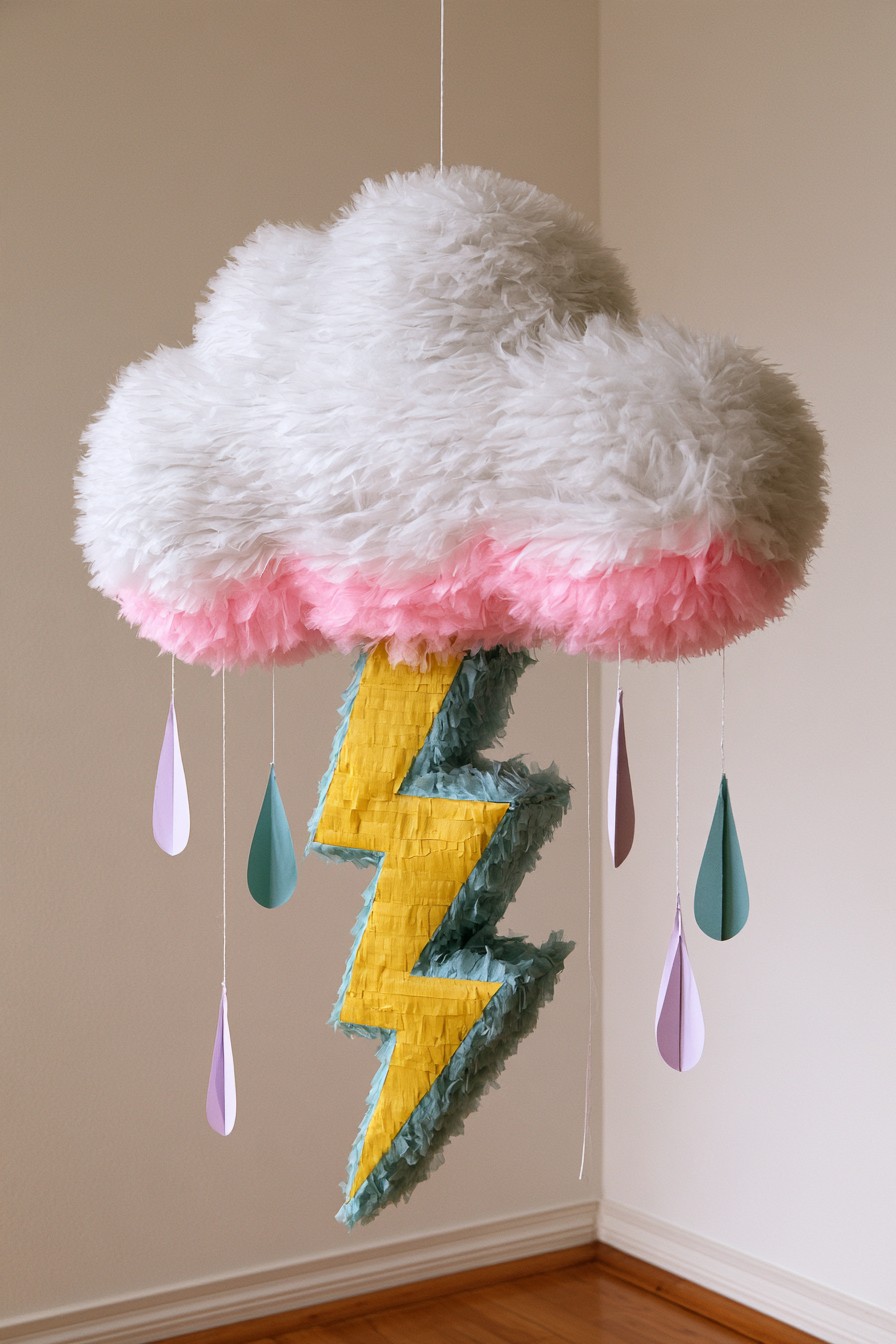Storm cloud piñata with lightning bolt and hanging paper raindrops