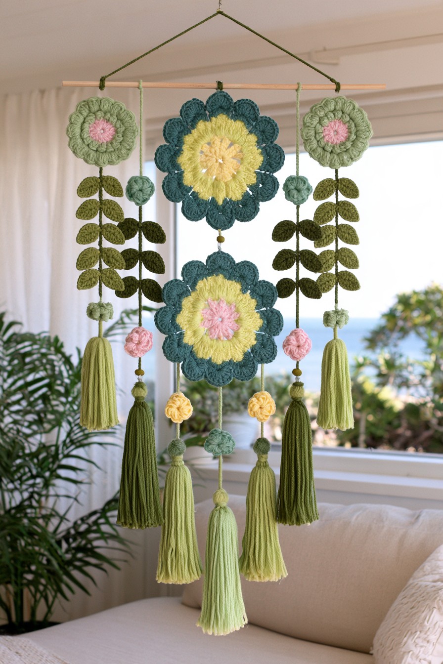 Hanging green crochet floral mobile with tassels and leaf garlands