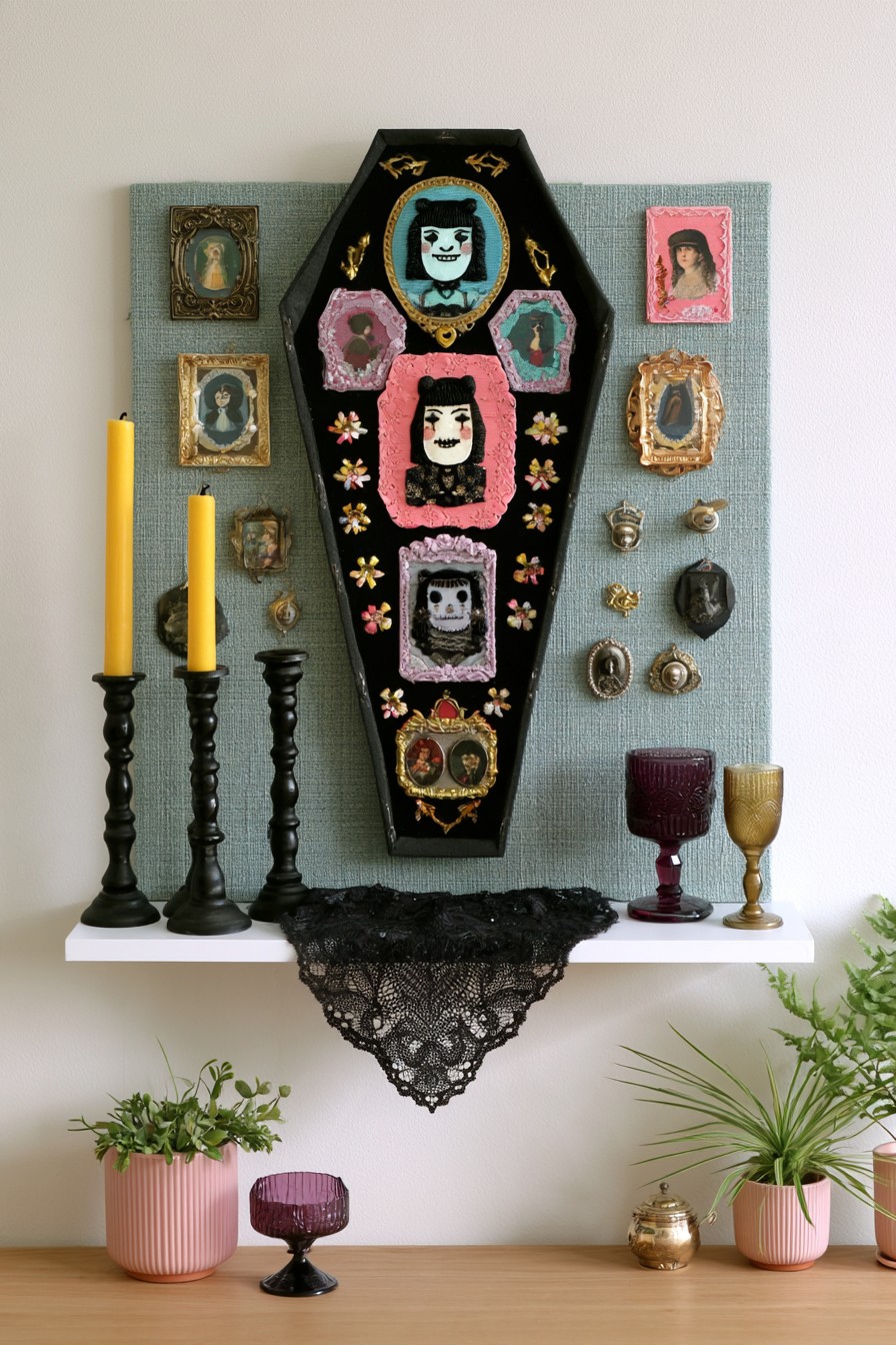Black coffin shaped portrait display with pink and gold frames mounted on a blue gray backing panel
