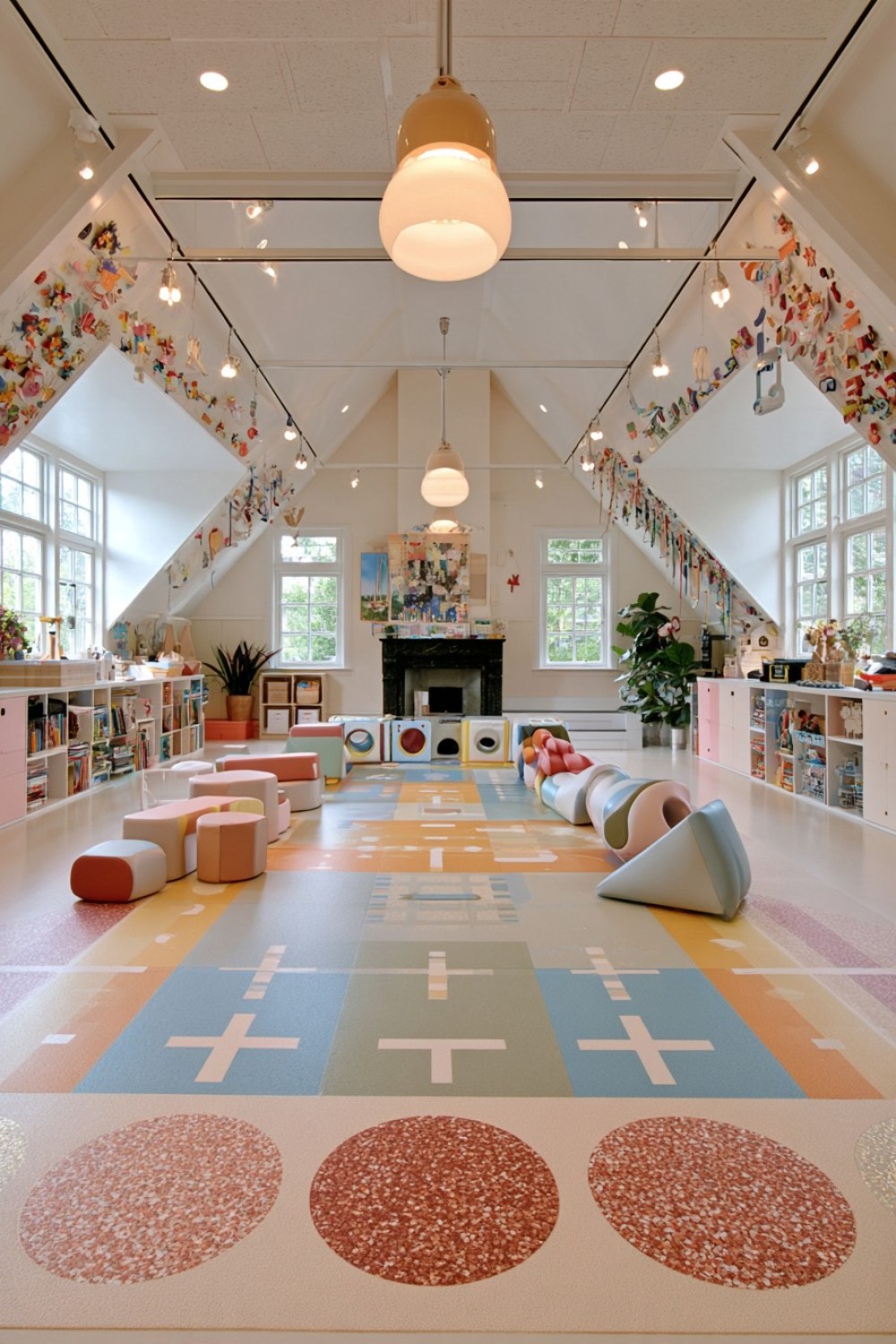 Soft low-level movement trail inside an attic playroom