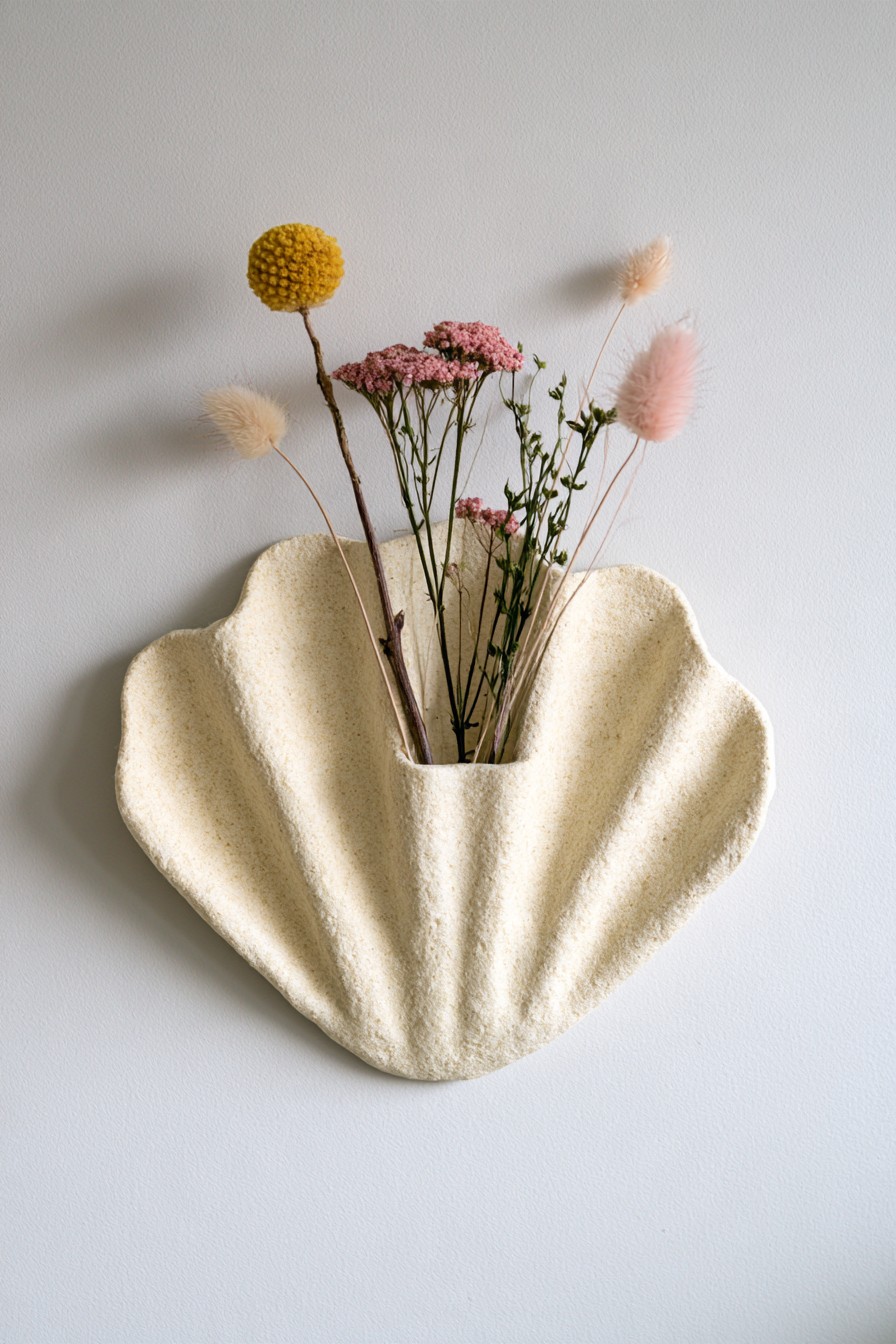 Flower shaped air dry clay wall pocket vase with dried stems