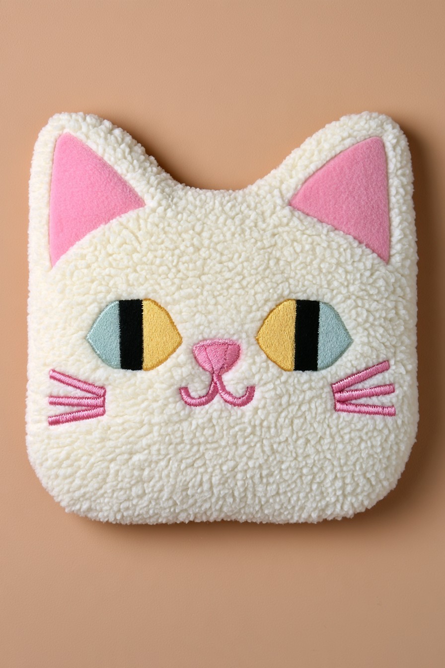 Plush cream cat face pillow with embroidered facial details