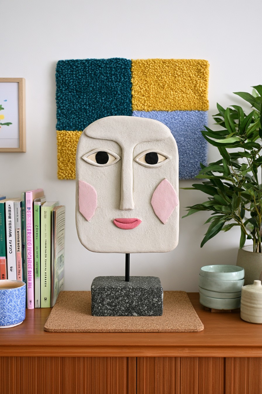 Abstract handmade air dry clay face sculpture on stand