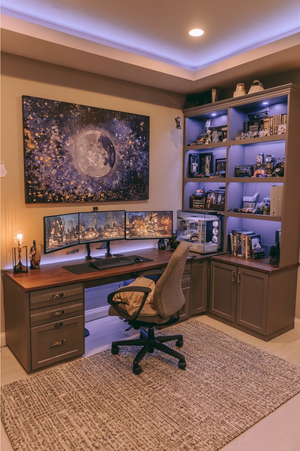 Combined adult home office and gaming room with concealed storage