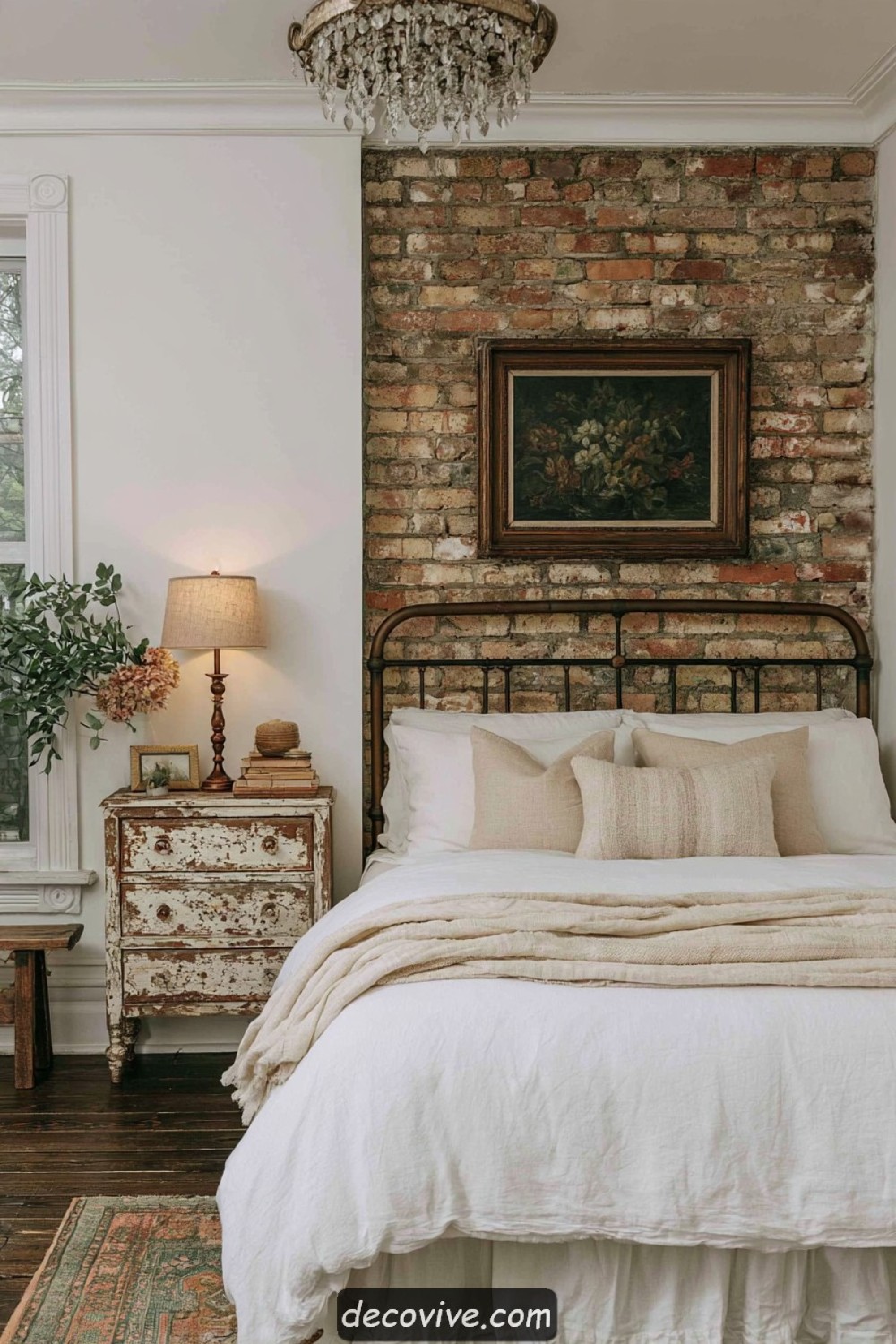 Farmhouse bedroom combining soft plaster walls with exposed brick
