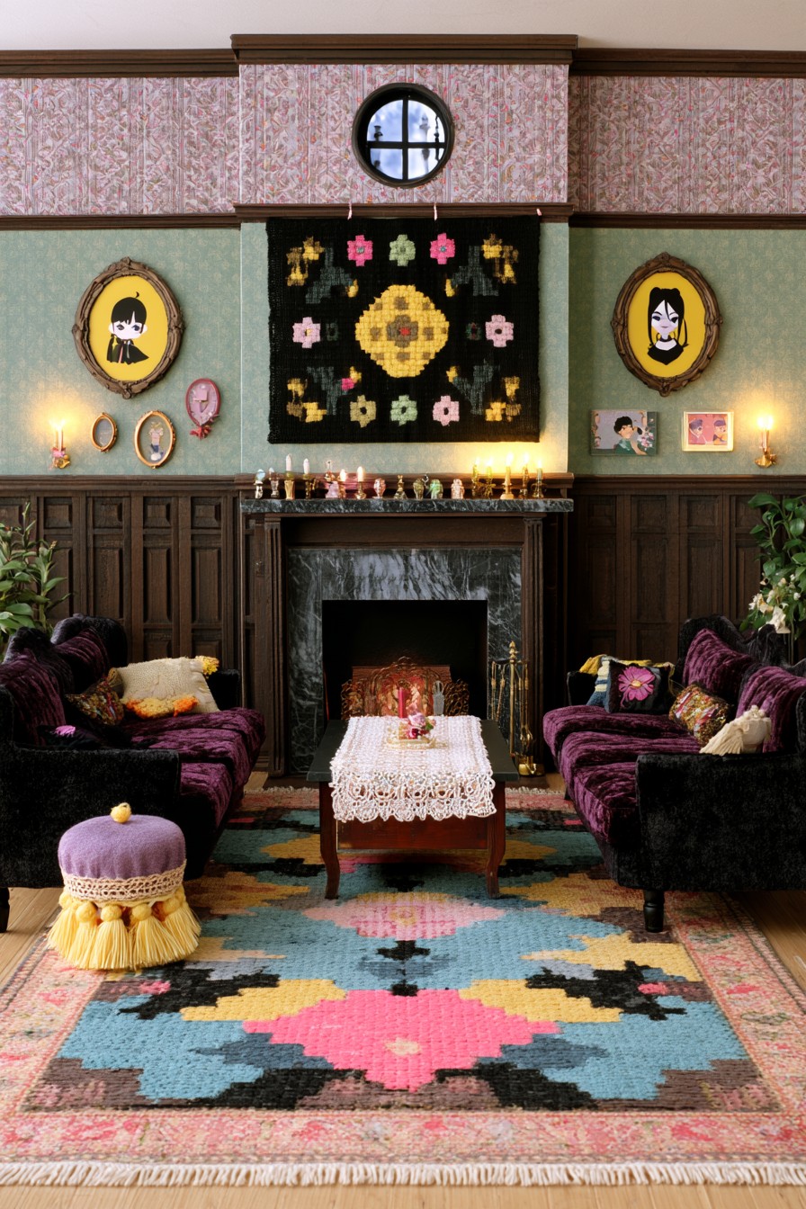 Two plum sofas facing a lace covered table beneath graphic portraits and a floral wall textile
