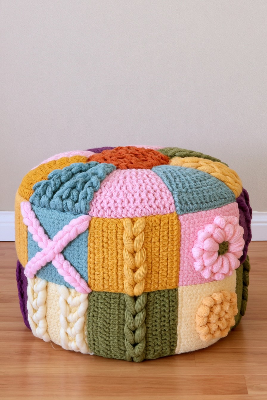 Round pouf covered with colorful knitted and crochet patchwork