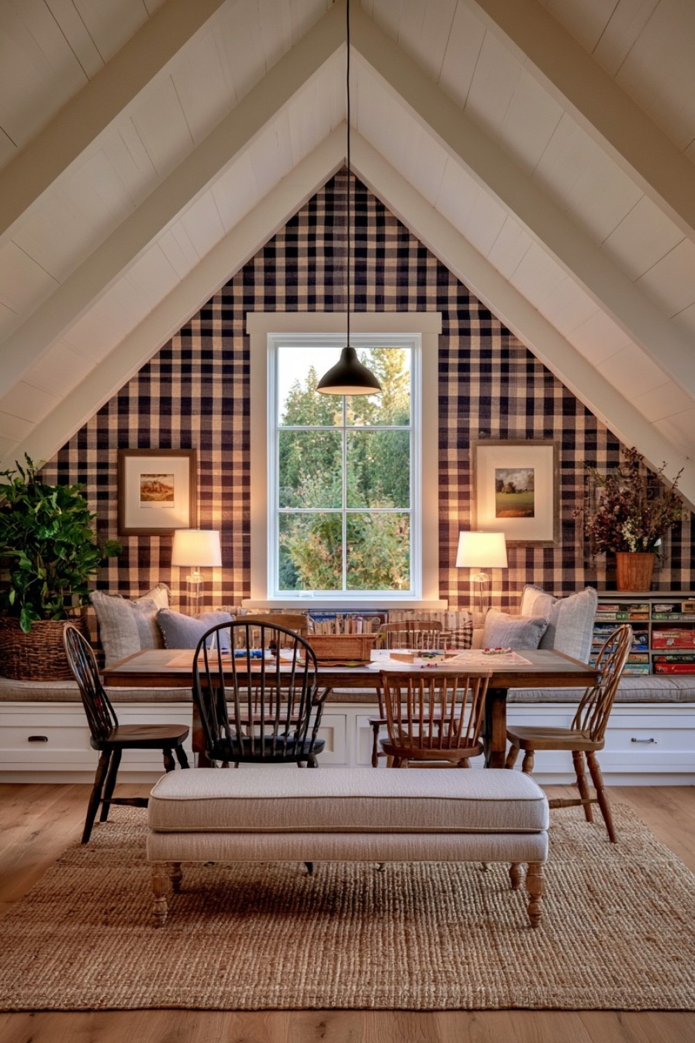 Attic board game room with a convertible central table