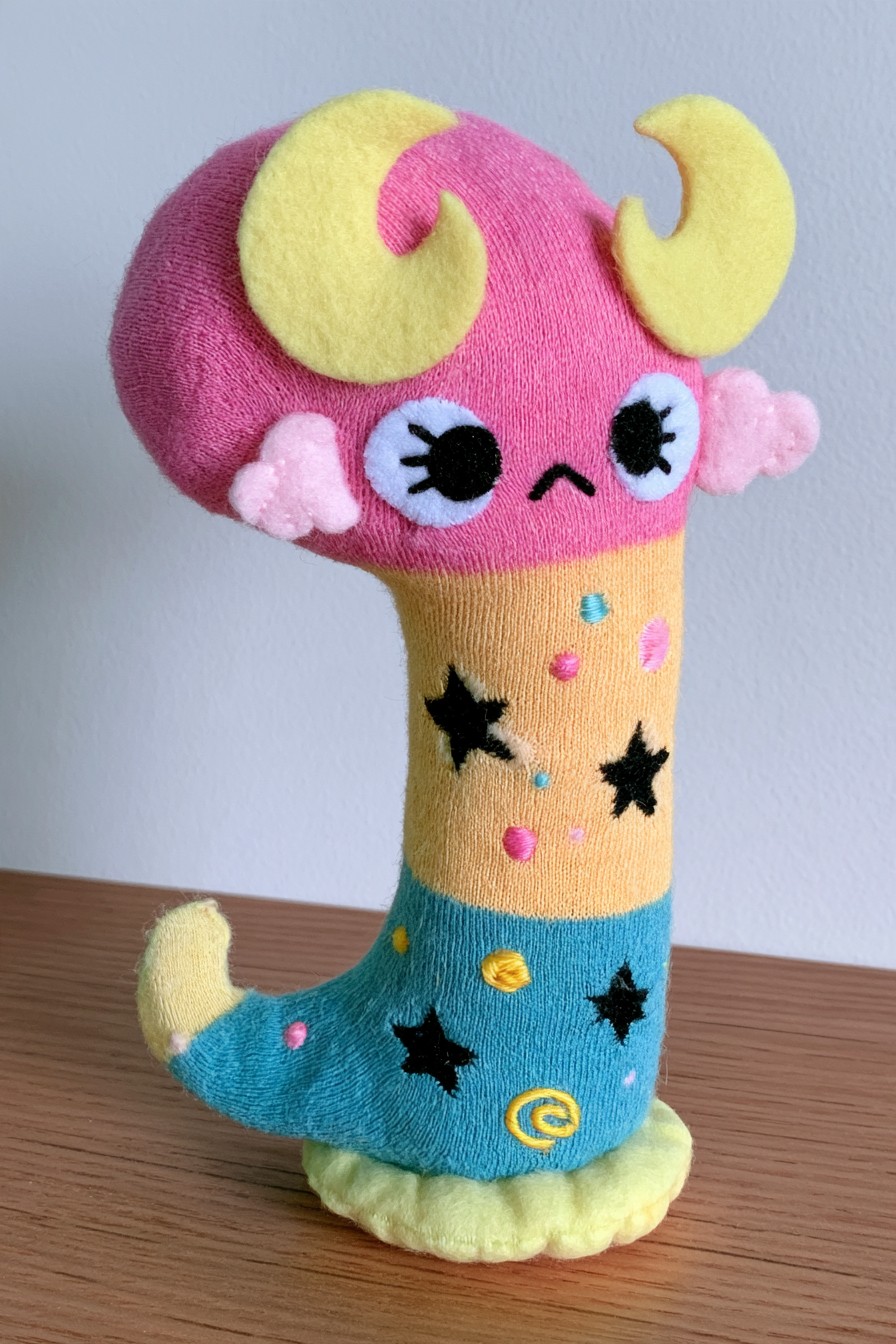 Pink, yellow and turquoise dream character with large crescent shapes, stars and a curled lower body