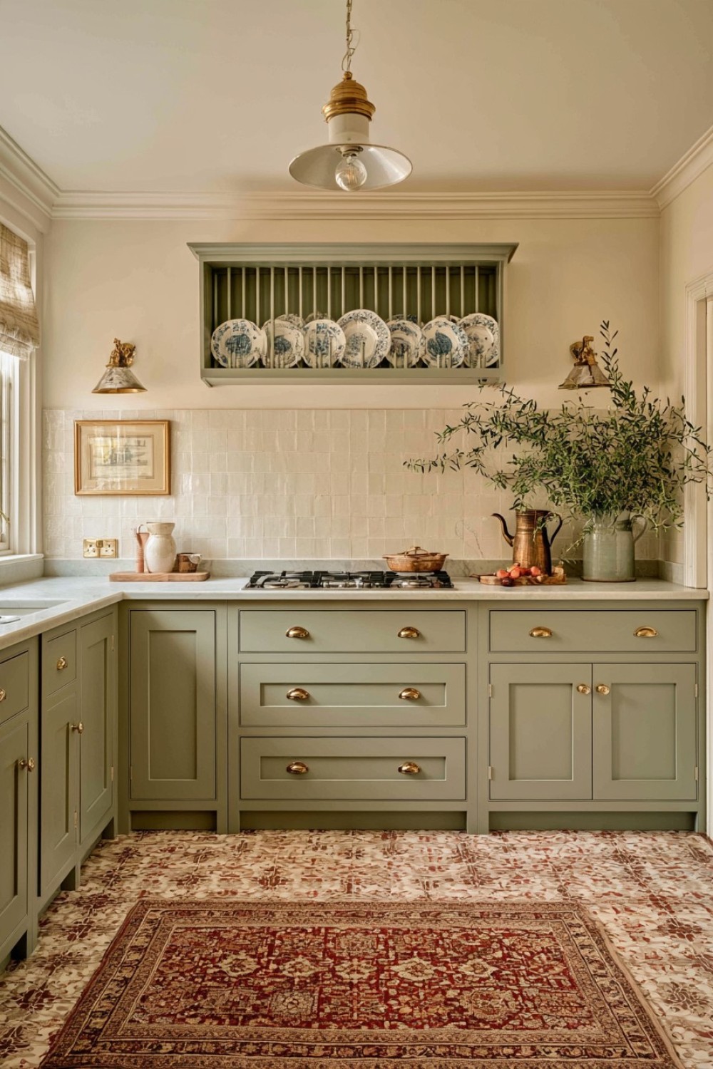 Traditional wooden plate rack above a cottage kitchen counter