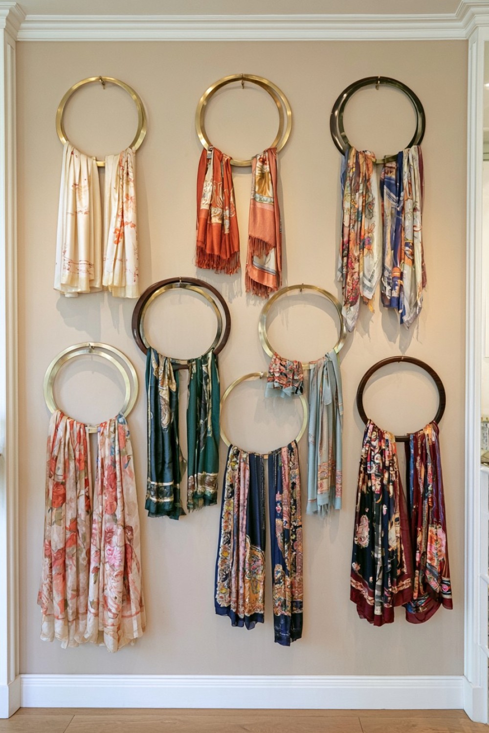 Boutique scarves displayed on oversized decorative rings