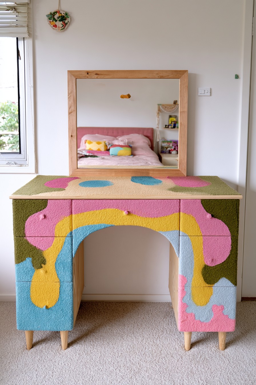 Painted vanity covered with olive pink mustard blue and lilac organic shapes