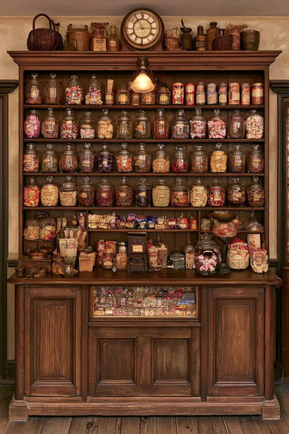 Narrow traditional candy and confectionery counter in a general store