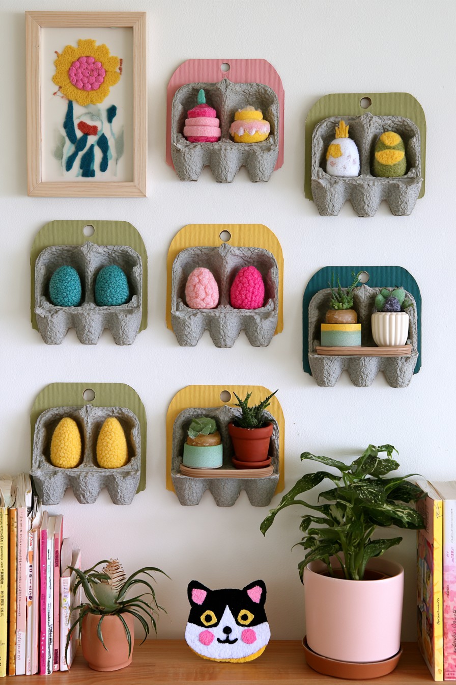Small colorful wall pocket organizers made from recycled egg cartons