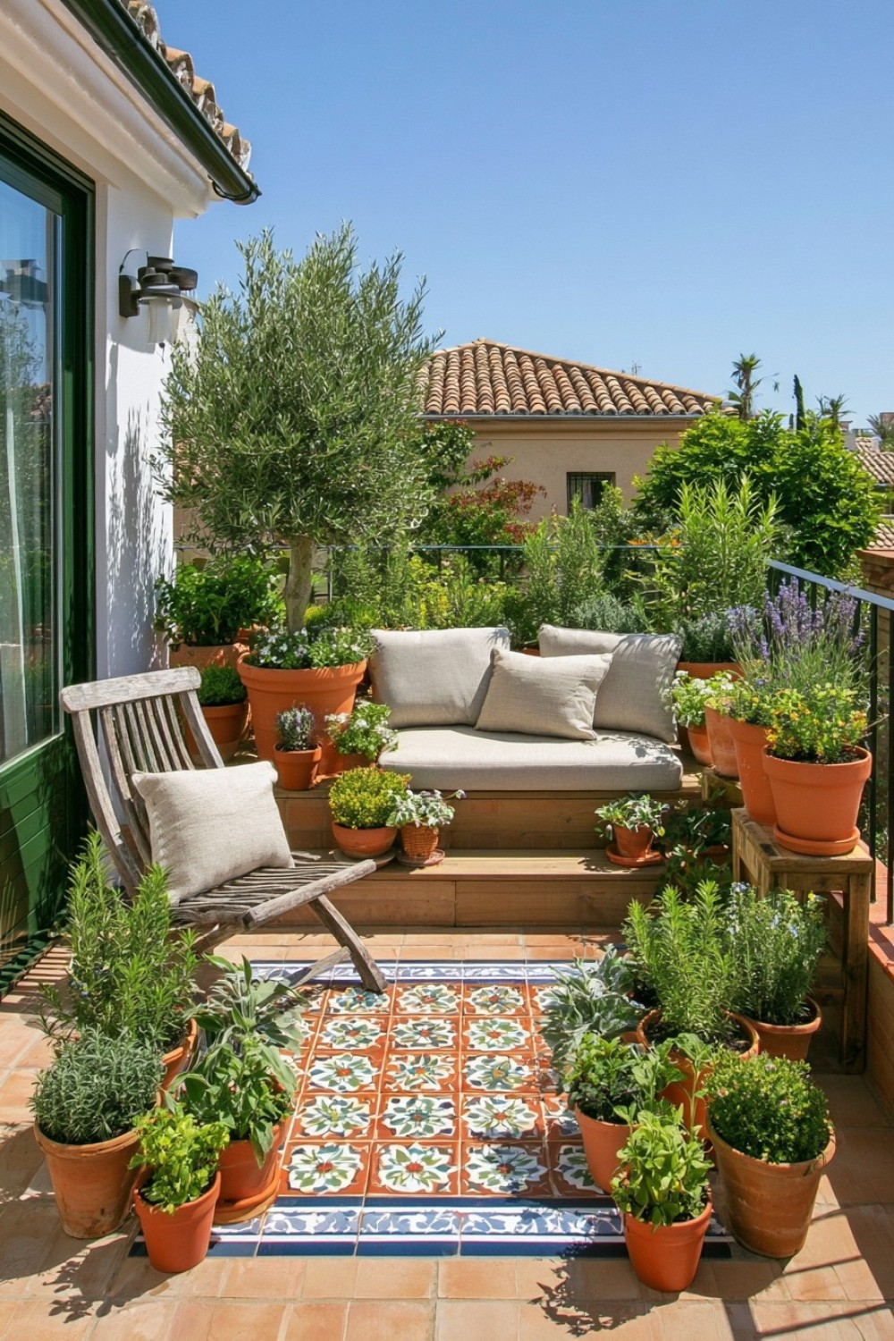 Mediterranean culinary balcony garden arranged in terracotta pots