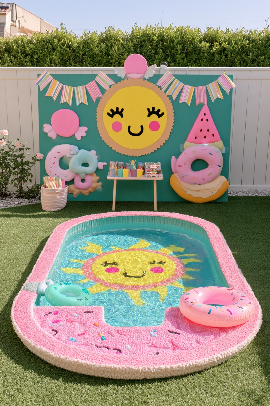 Pastel pool with a large doughnut decoration, a green graphic backdrop, and a small side table