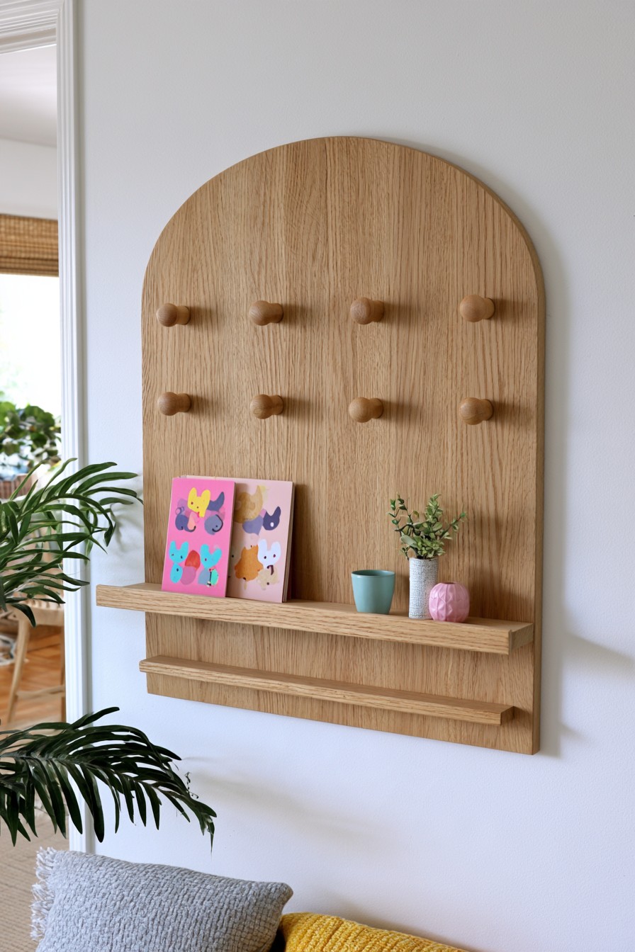 Arched wooden wall organizer with pegs and display shelves
