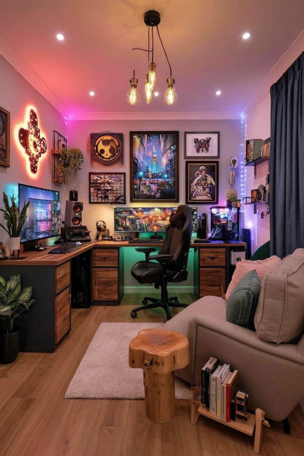 Screen-free relaxation area beside an adult gaming setup