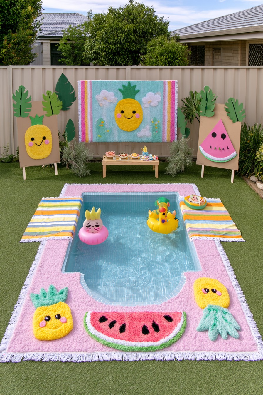 Fruit-themed backyard pool with pineapple decorations and watermelon cushions
