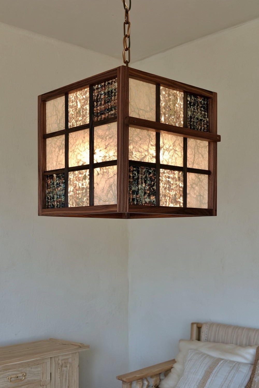 9. Shoji Inspired Dark Wood Grid Shade