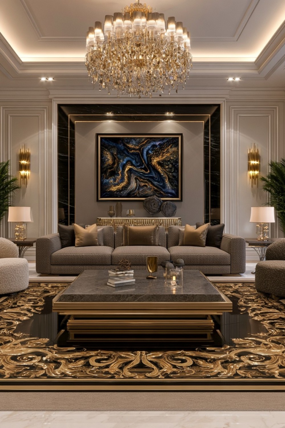 Monochromatic taupe luxury living room arranged around a large sofa