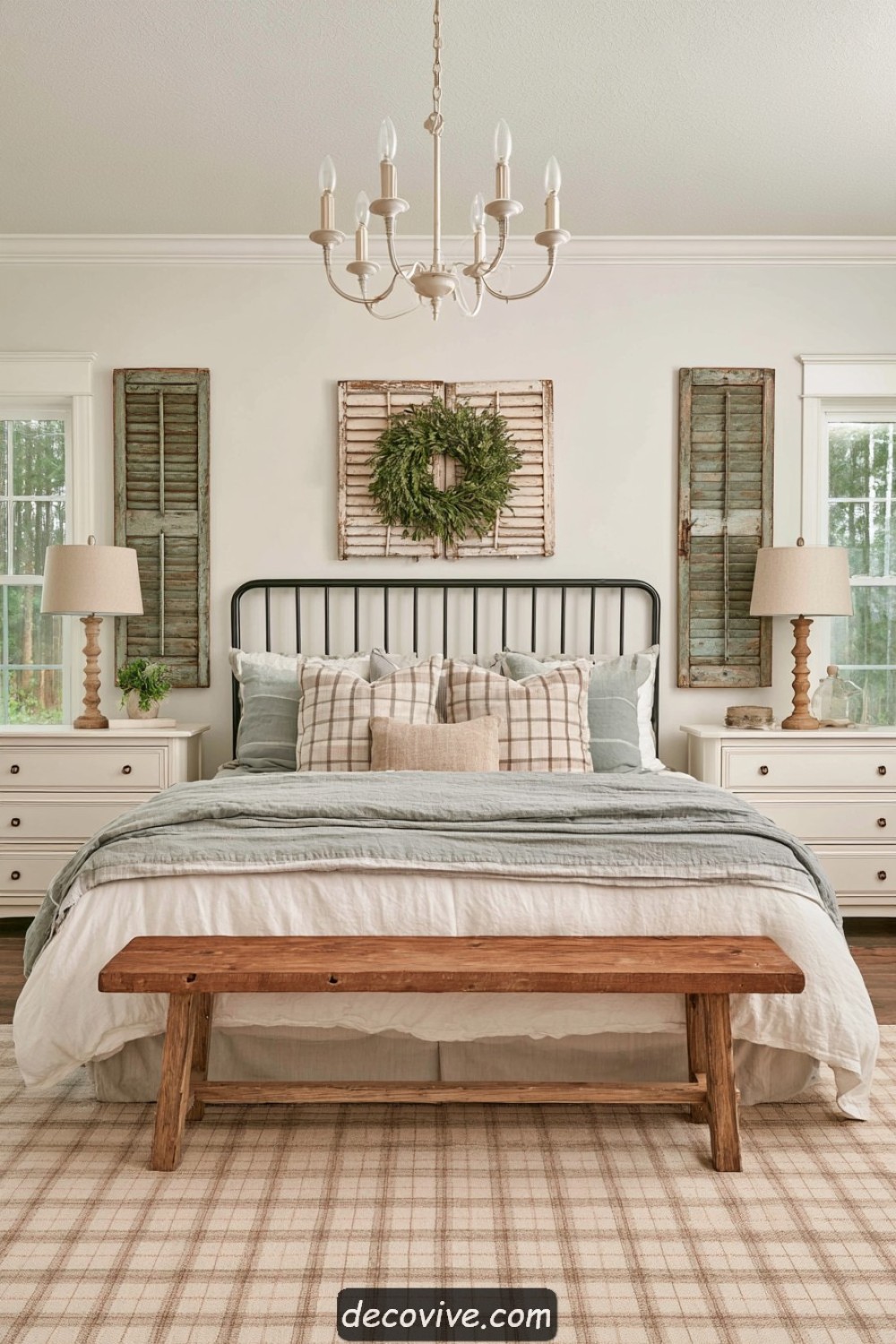 Old wooden shutters repurposed as farmhouse bedroom wall decor