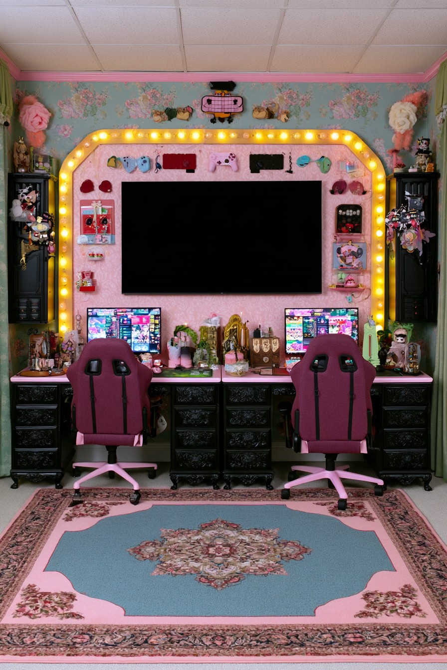 Shared gaming room with black carved drawer units, burgundy chairs on pink bases, floral walls, and a glowing pink television surround