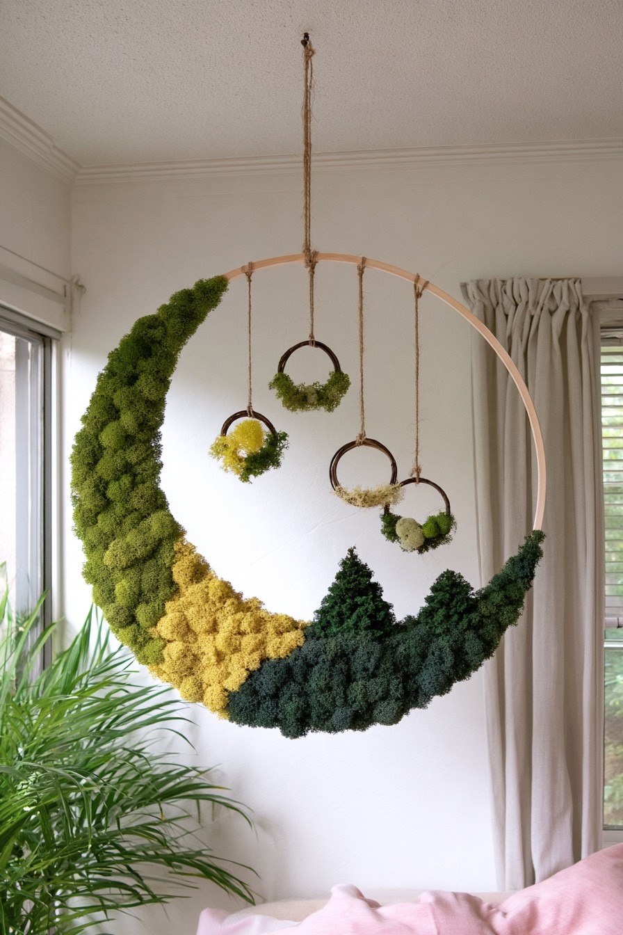 Crescent shaped hanging decoration covered with preserved moss