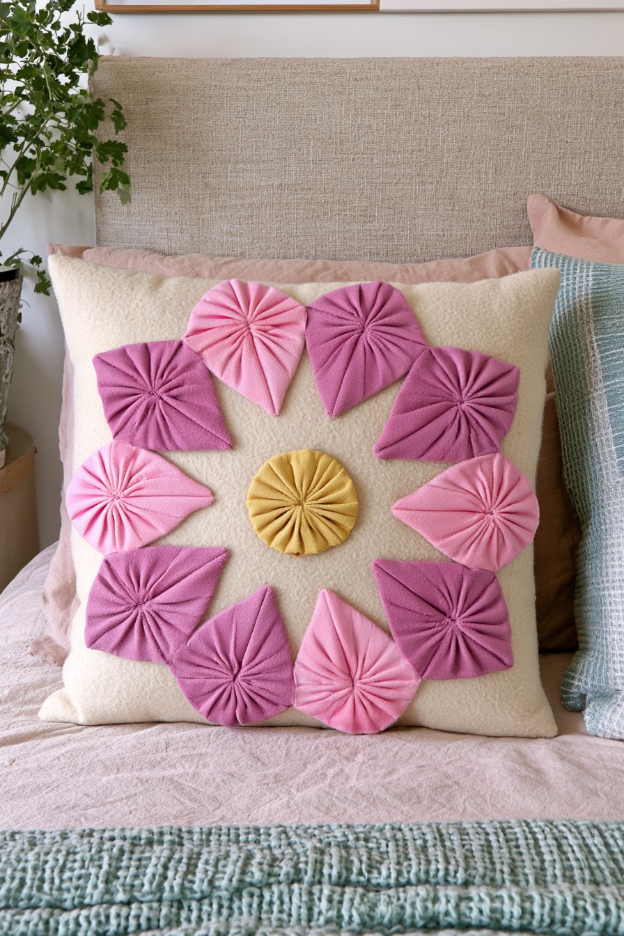 Pleated floral pillow with pink petals and mustard rosette center