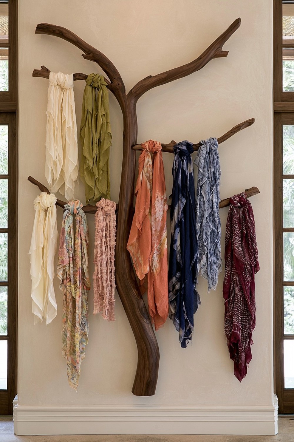 Branch-inspired wooden rails used for scarf merchandising