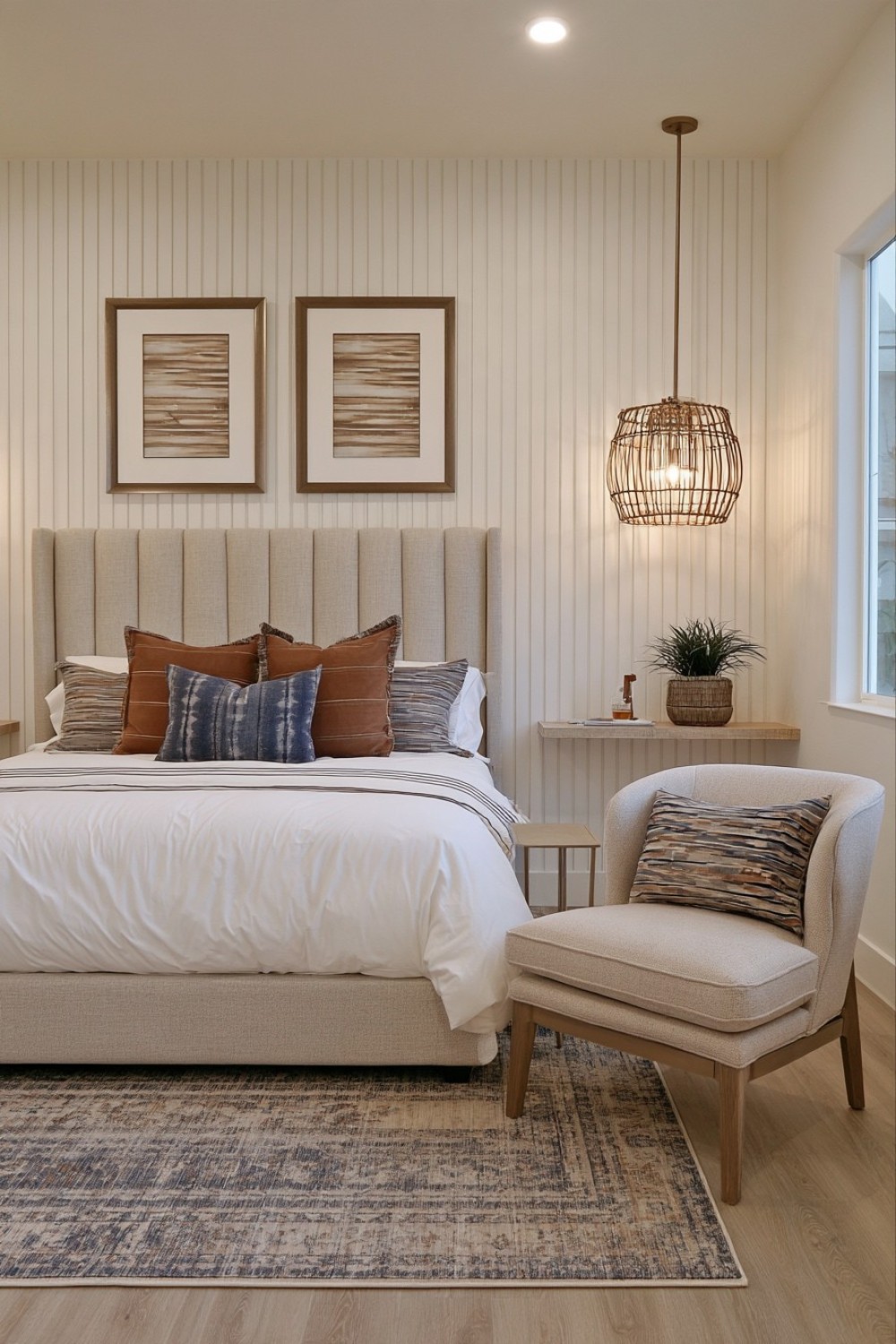 Compact sitting nook beside a bed in a basement guest suite