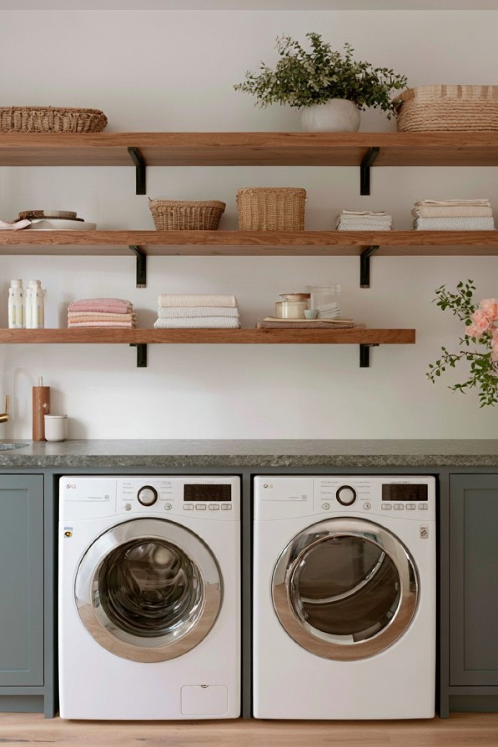 Vertical laundry room shelving with safely organized household supplies