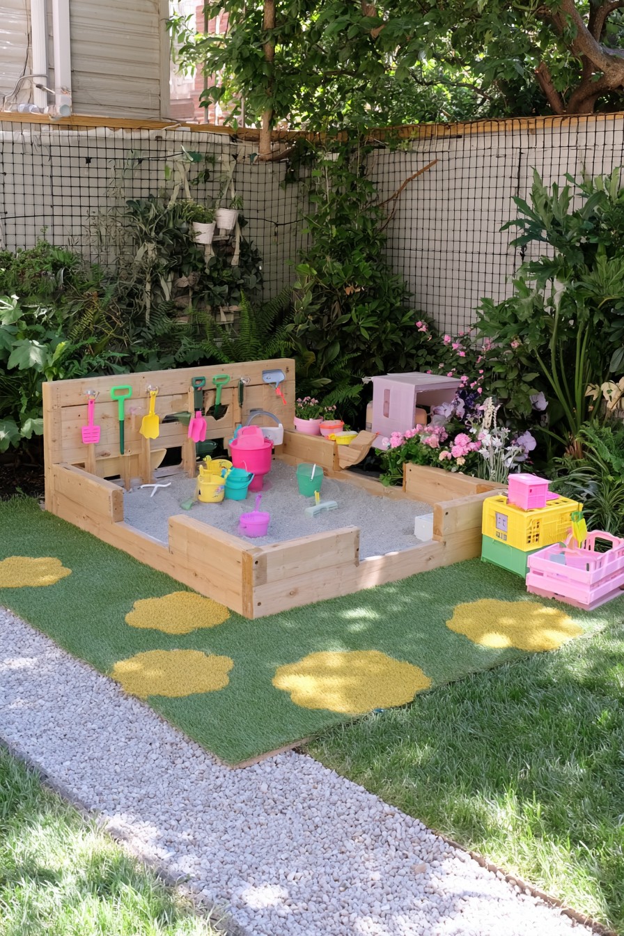 Backyard sand and digging station with space for play tools