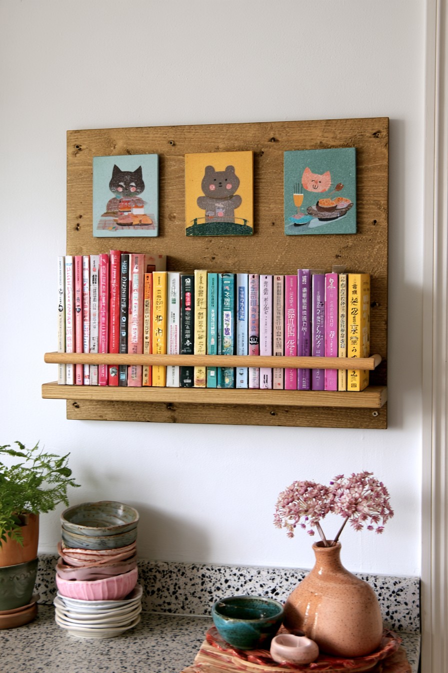 Wall mounted wooden bookshelf with an art display panel