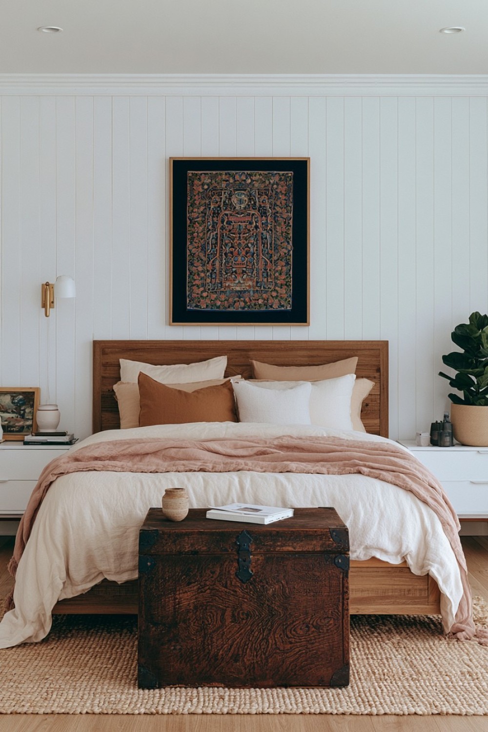 Vintage storage trunk used beside a bohemian bed