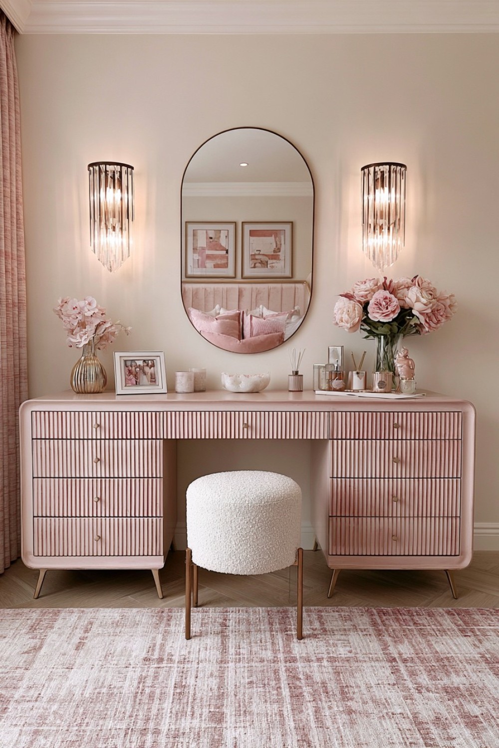 15. Bouclé Vanity Stool With Curved Brass Legs