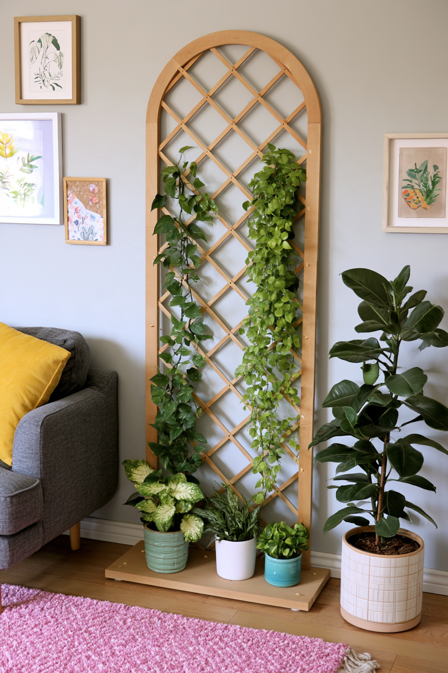 Wooden plant trellis with lattice and base