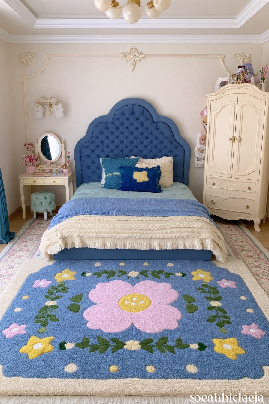 Royal blue princess bedroom with French inspired cream furniture