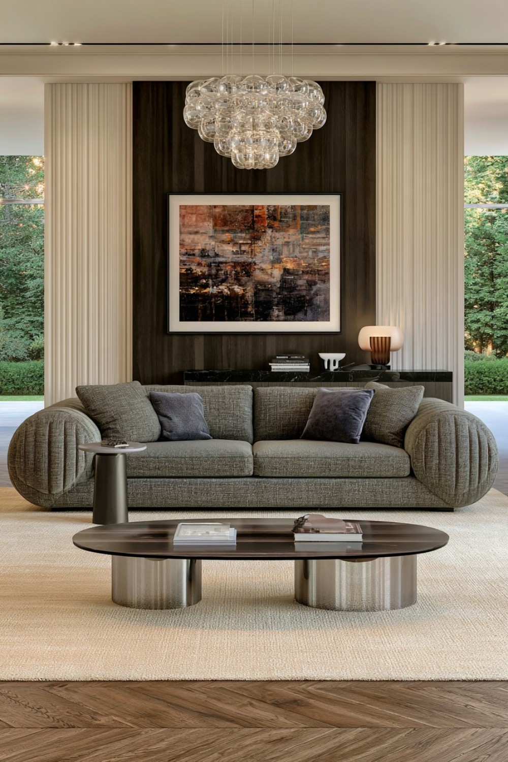 Compact statement sofa designed with oversized upholstered arms