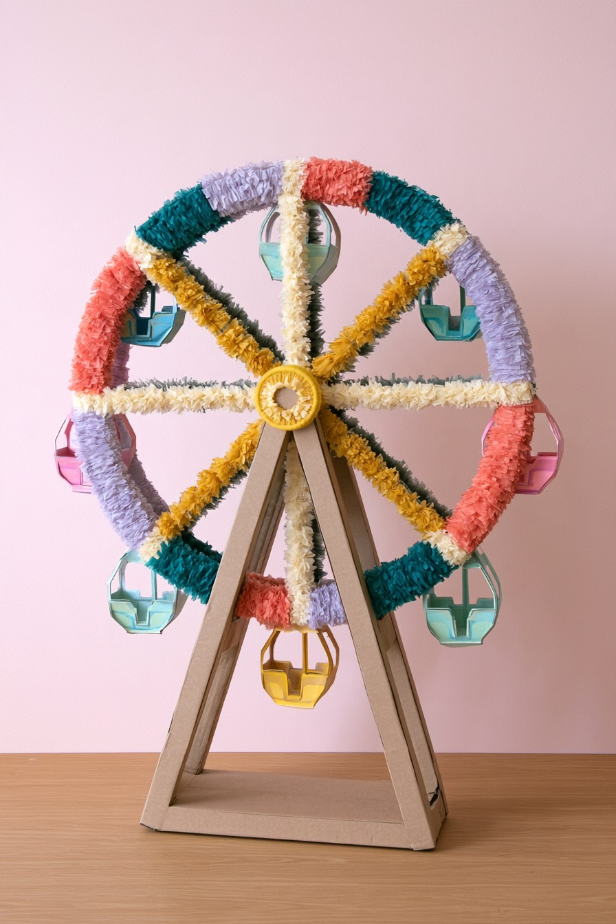 Carnival Ferris wheel piñata with colorful paper sections and gondolas