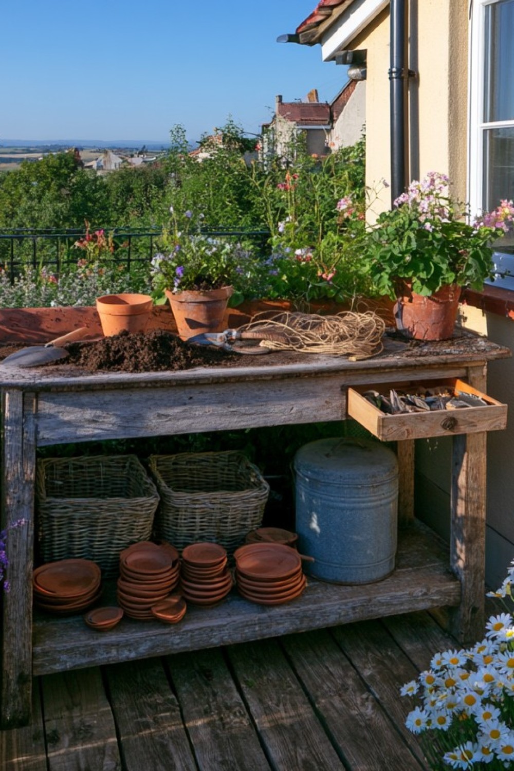 Compact cottage-style potting station organized on a balcony wall