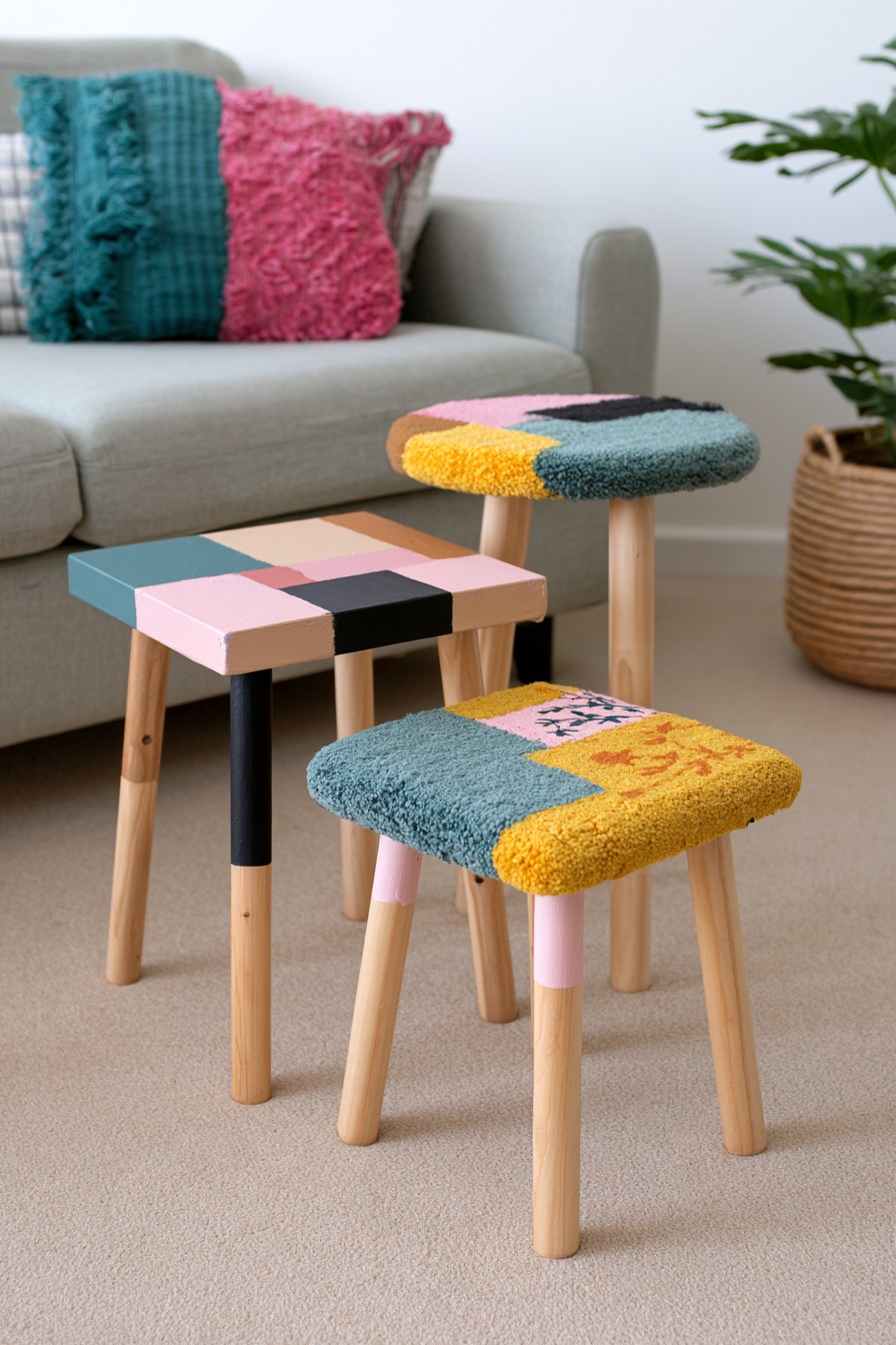 Wooden stools with pink teal mustard peach and black geometric painted details